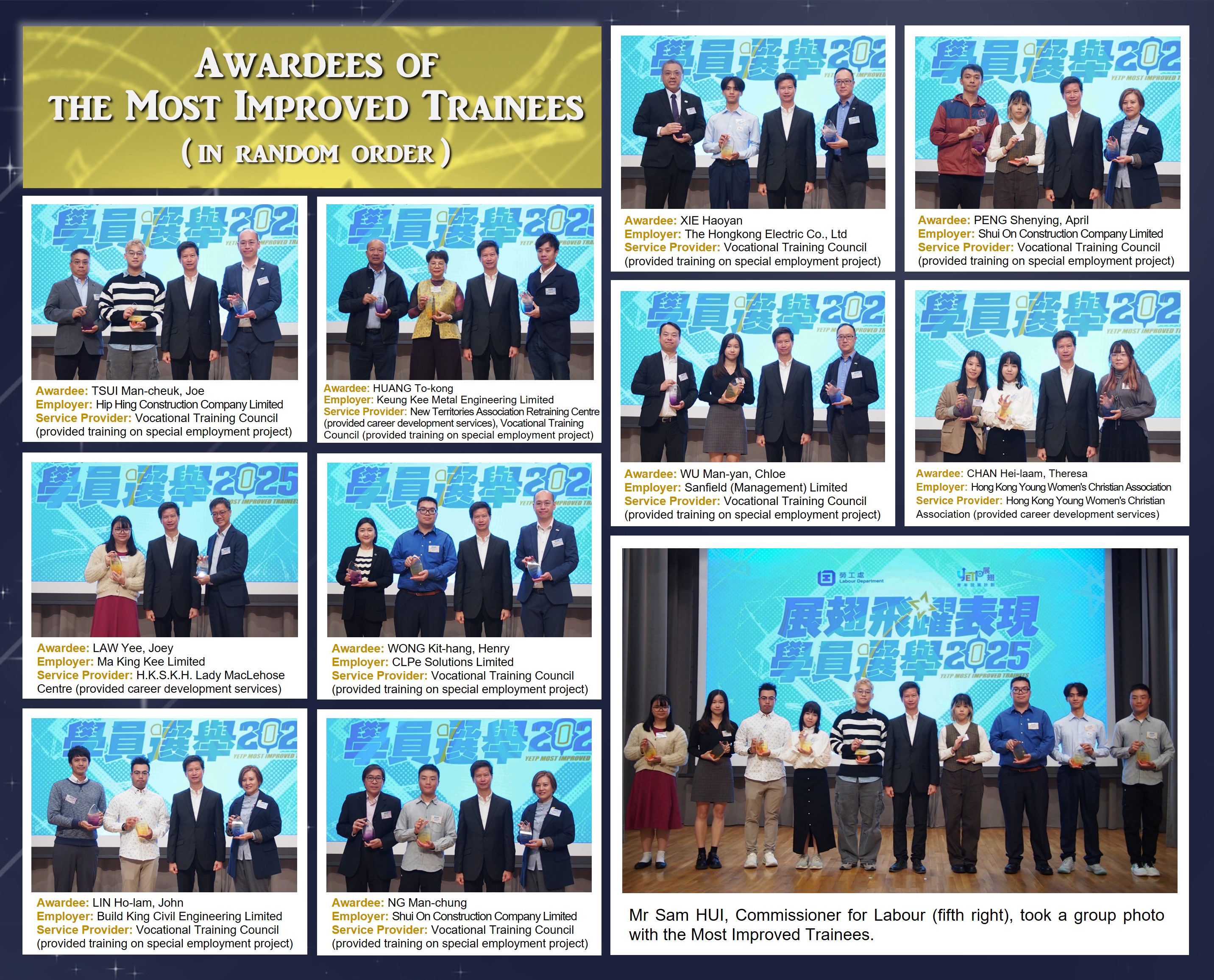 Award-winning groups of the "YETP Most Improved Trainees" taking photos with Commissioner for Labour